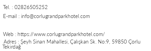 orlu Grand Park Otel telefon numaralar, faks, e-mail, posta adresi ve iletiim bilgileri